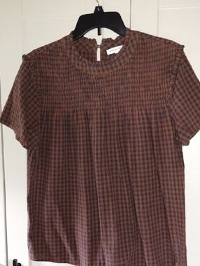 Madewell Brown Gingham Short-Sleeve Smocked Yoke Blouse